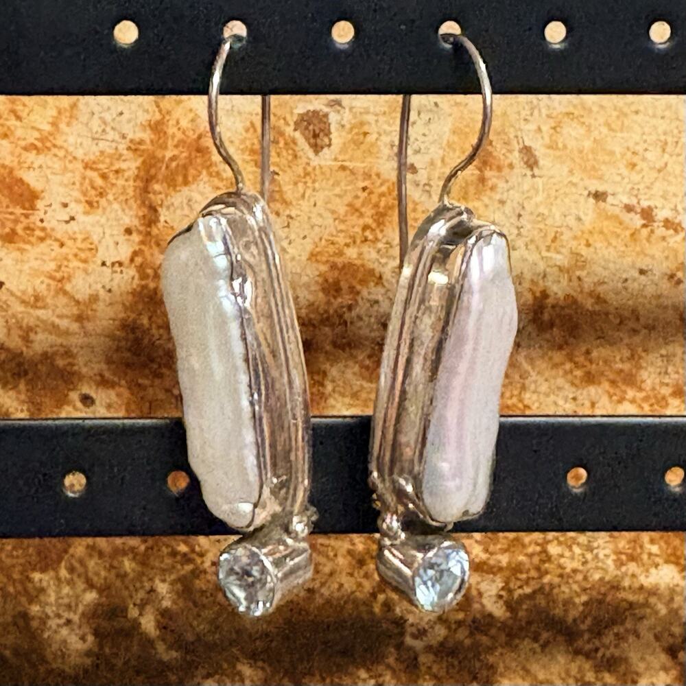 Sterling Silver Freshwater Biwa Pearl and Aquamarine Earrings Vintage